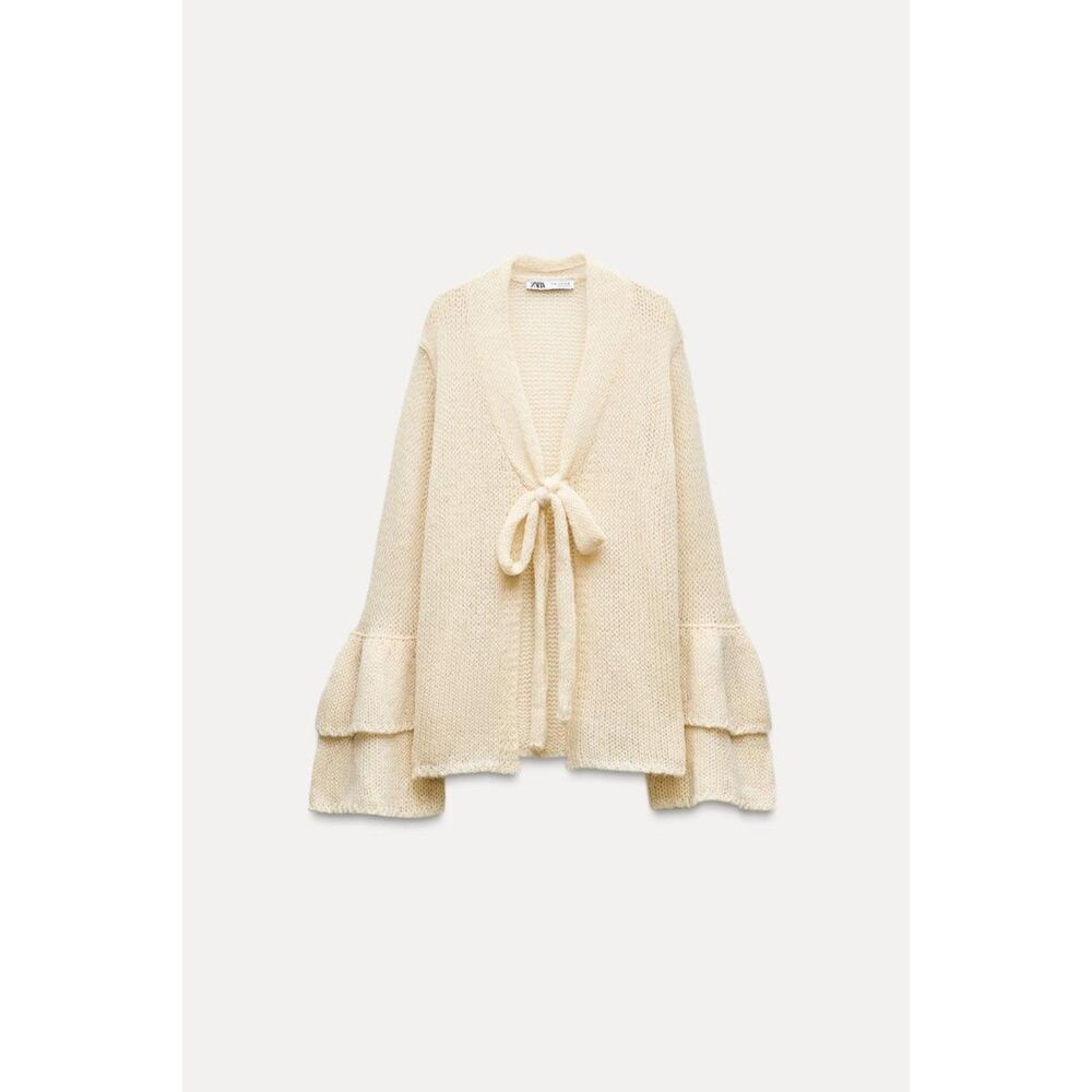 Cream Zara Open Tie-Front Ruffle Sleeves Loose Knit Cardigan Sweater (NWT)